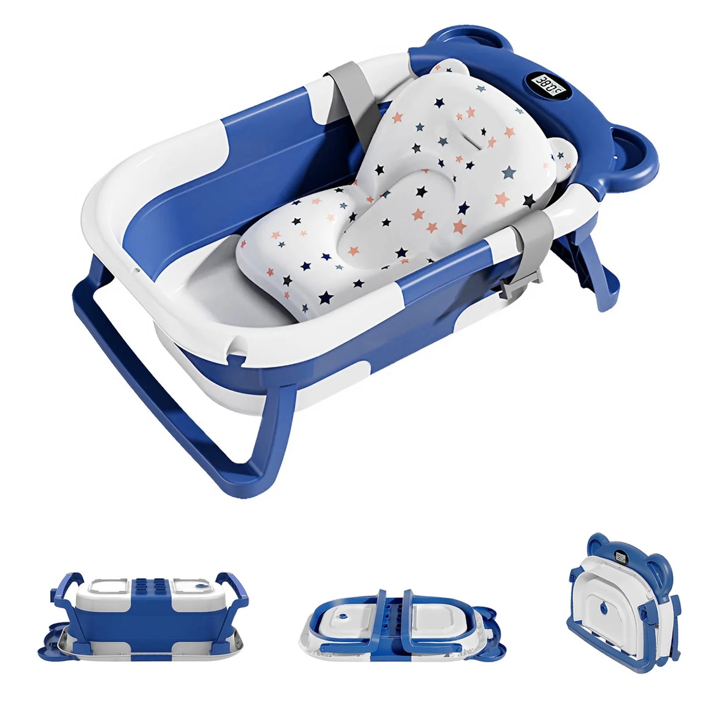 Portable Travel Bathtub, Collapsible Baby Bathtub, with Thermometer & 1 Soft Floating Cushion, with Drain Hole, For Baby 0-36 Month