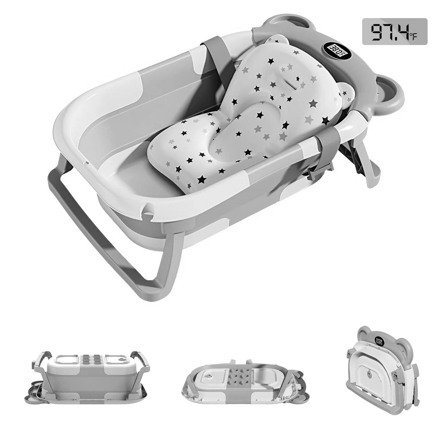 Portable Travel Bathtub, Collapsible Baby Bathtub, with Thermometer & 1 Soft Floating Cushion, with Drain Hole, For Baby 0-36 Month