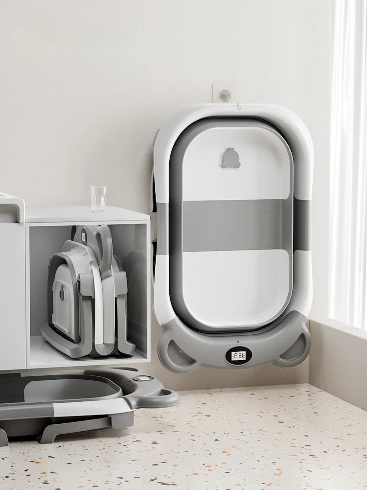 Portable Travel Bathtub, Collapsible Baby Bathtub, with Thermometer & 1 Soft Floating Cushion, with Drain Hole, For Baby 0-36 Month