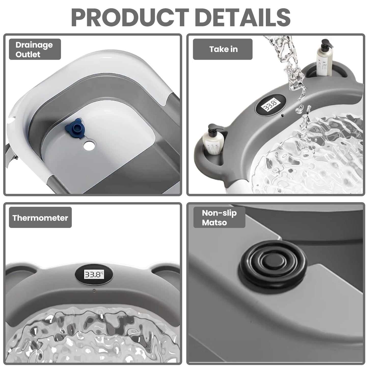 Portable Travel Bathtub, Collapsible Baby Bathtub, with Thermometer & 1 Soft Floating Cushion, with Drain Hole, For Baby 0-36 Month
