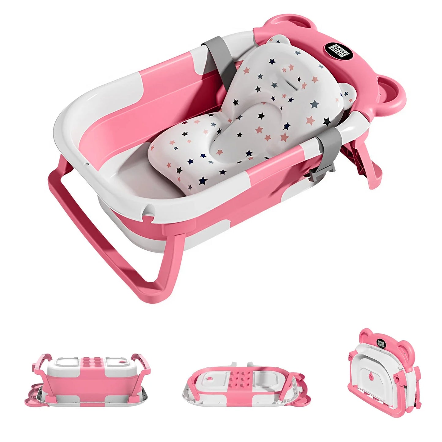 Portable Travel Bathtub, Collapsible Baby Bathtub, with Thermometer & 1 Soft Floating Cushion, with Drain Hole, For Baby 0-36 Month