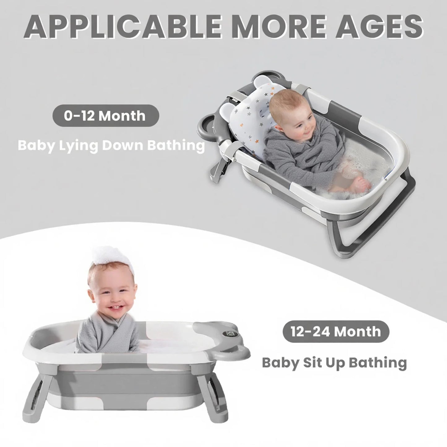 Portable Travel Bathtub, Collapsible Baby Bathtub, with Thermometer & 1 Soft Floating Cushion, with Drain Hole, For Baby 0-36 Month